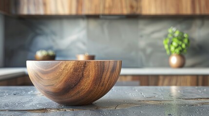 Wooden bowl on table in kitchen with wall background