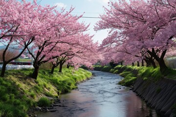 A cherry blossom scene in full bloom, AI generated