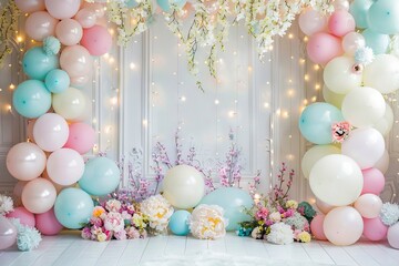 A pink and white balloon arch with flowers and lights.
