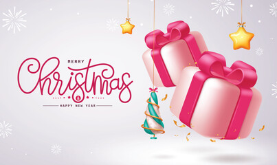 Christmas greetings vector design. Merry christmas in pink gift boxes, hanging xmas tree and stars ornaments in snowflakes background. Vector illustration holiday season card design.   © Zeinous