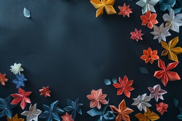 Obraz premium Paper origami flowers on a black background with lots of empty space Generative Ai