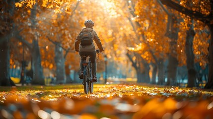 Fototapeta premium Woman Biking Through Golden Autumn Leaves.