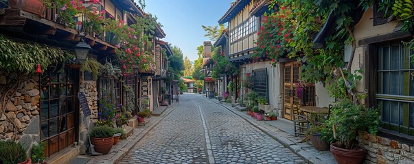 A quaint cobblestone street lined with charming shops, cafes, and old-fashioned buildings.