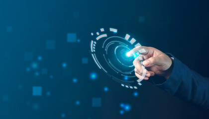 Touching screen and Interaction with AI System Businessman's Hand Highlighting Intelligent Work System and Effortless Integration for Enhanced Performance and Productivity