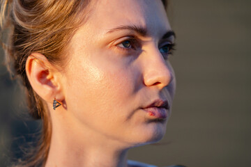 Fototapeta premium Close up on lips of girl with herpes. Beauty dermatology concept