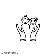 child protect icon, support hands, children safe, help or care service, family security, thin line symbol isolated on white background, editable stroke eps 10 vector illustration