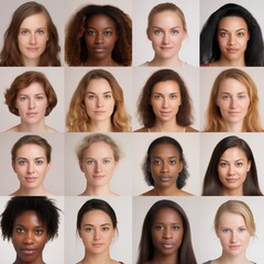 ID photo. Visa. Passport. A modeling agency casting. Black and white women. Diversity. Portfolio of sixteen fashion models. Genes. Model management. 16 female portraits on pastel, beige background