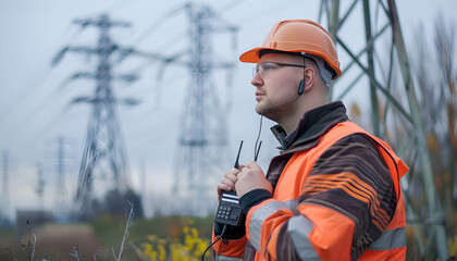 Electrical engineer with walkie talkie near high voltage tower