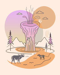 illustration of a tree, landscape with mountains, landscape with mountains and lake, illustration of a tree in a field, Majestic Tree in Serene Field with Mountain and Lake Background  