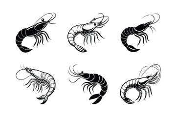 set of Shrimp Sihouette vector icon Sea food logo, sign, Sea Caridea animal. Prawn black silhouette. Crustacean with curly feelers isolated on white