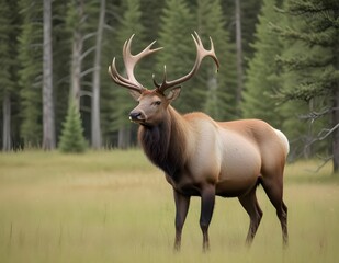 Fototapeta premium A large male elk with impressive antlers standing in a grassy field with a forested background