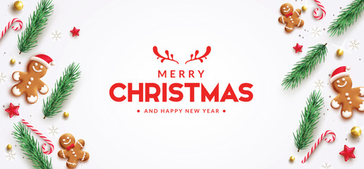 Merry christmas greetings vector banner design. Christmas greeting text with 3d realistic elements like pine tree leaves, xmas balls, ginger bread, candy cane and snowflakes in elegant background.  © Zeinous