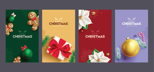 Merry christmas greetings vector poster set design. Christmas and happy new year invitation card with ginger bread, xmas balls, gift and poinsettia flower elements in elegant background. Vector  © Zeinous