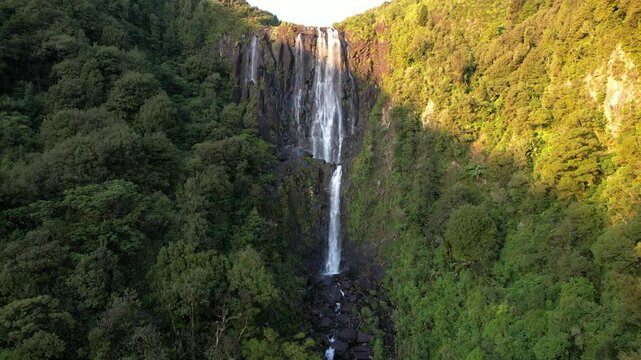 Wairere Falls Over The Kaimai Escarpment In Waikato, Okauia, North Island, New Zealand. Aerial Shot
