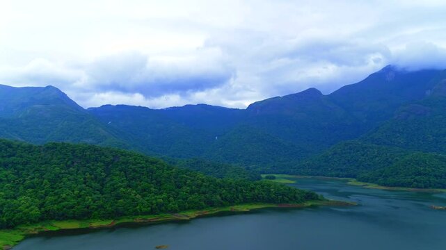 Beautiful view of Nelliyampathy mountains and Pothundi Dam in Palakkad, Kerala, India.Pothundy dam and Nelliyampathy hills on sky background in the morining
