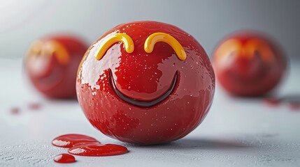 Red donut with glaze displayed on a marble surface Close up shot from above