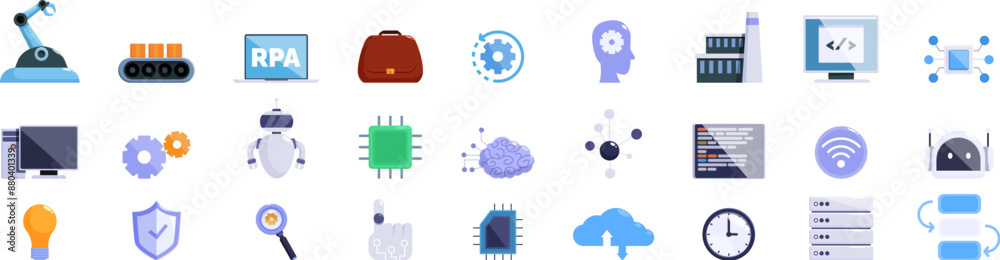 Poster rpa icons set. automation software development process with rpa, ai and machine learning icons set i
