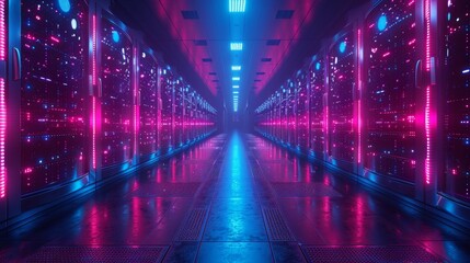 Futuristic Data Center with Neon Lights - Generative AI