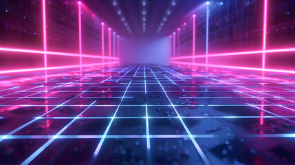 Fototapeta premium Cyan blue and purple grids neon glow light lines design on perspective floor, creativity, digital 