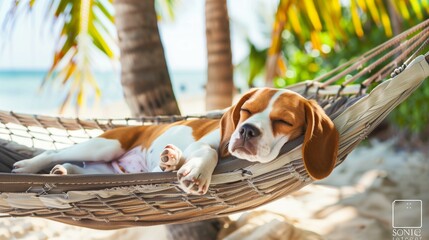 Cute beagle puppy sleeping in hammock on the beach at sunset.
