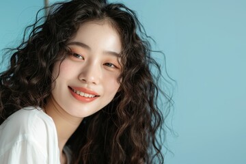 Fototapeta premium Beautiful Asian beauty with long curly hair, Korean makeup, radiant complexion, healthy facial skin, portrait smile, looking at the mirror on an isolated blue background.