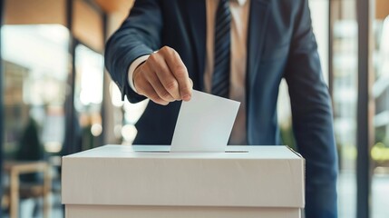 A person in a suit is placing a ballot paper into a voting box. The scene is set in a modern, brightly lit environment, emphasizing the act of voting and democratic participation.