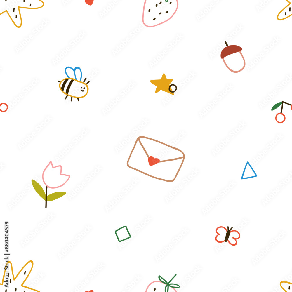 Sticker Cute doodle pattern. Seamless background, colorful scribbles, kids drawings. Childish design, repeating print, funny hand-drawn texture. Flat vector illustration for childs textile, fabric, wrapping