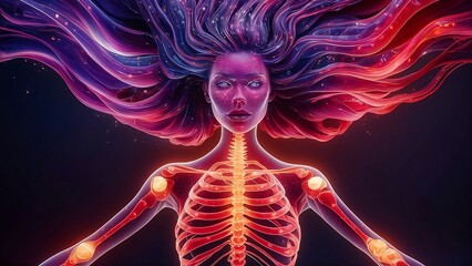 A Close Up of a Skeleton With a Glowing Hair, Body Chest, Rib - Digital Art