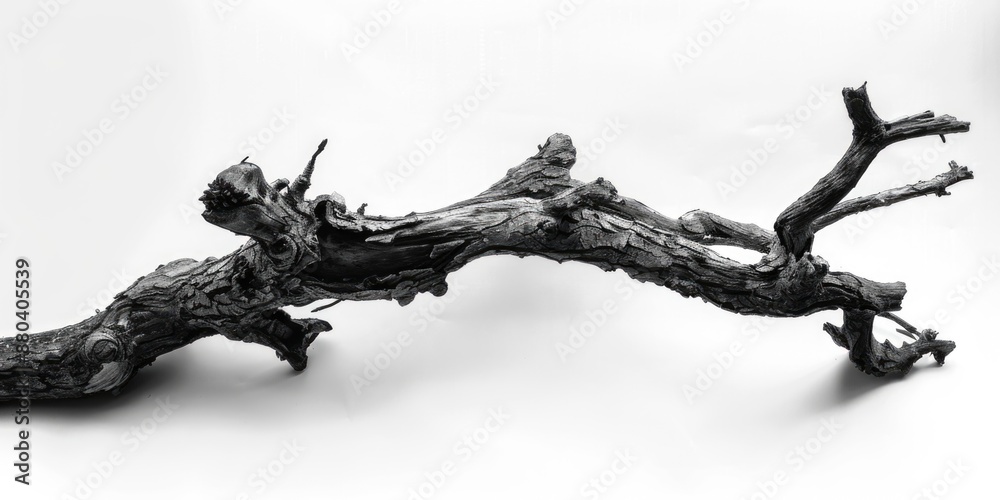 Poster a close-up shot of a tree branch with intricate details, photographed in black and white