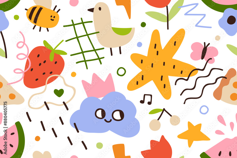 Aufkleber cute doodle pattern, seamless print. endless background design with funny childish scribble drawings