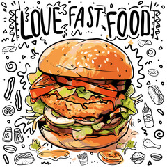 This image shows a burger doodle that looks cute and creative. This burger is drawn in a typical doodle style, with simple shapes but full of expression.

This burger doodle consists of:

