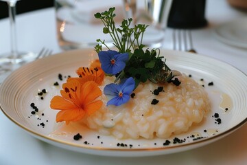 Scrumptious risotto dish garnished with colorful edible flowers