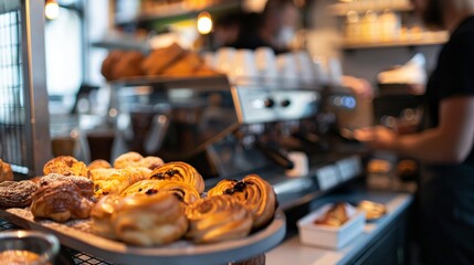 A selection of pastries on display in a cozy café, with a barista preparing orders in the background.