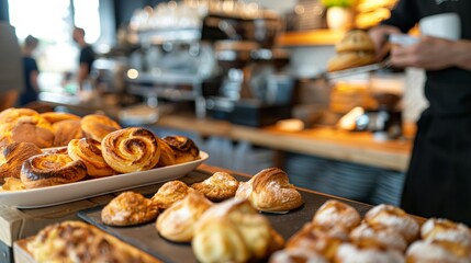 Freshly baked pastries and croissants on display at a cozy bakery shop.