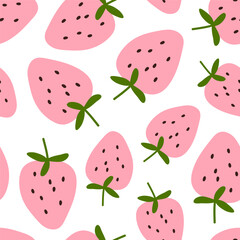 Strawberry pattern. Seamless background design with fresh berries. Summer natural food, endless texture, repeating print for fabric, textile, wallpaper and wrapping. Printable flat vector illustration