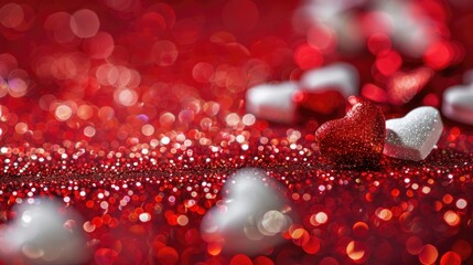 Valentine s day abstract background with red metallic glitter texture and white decorative hearts on shiny background