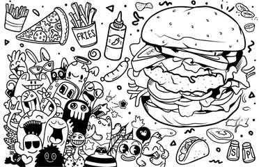 This image shows a burger doodle that looks cute and creative. This burger is drawn in a typical doodle style, with simple shapes but full of expression.

This burger doodle consists of:

