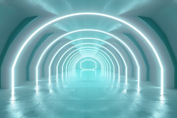 Obraz premium Futuristic glowing blue neon tunnel background. Sci fi, technology, and innovation concept. 3D rendered image.