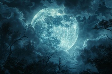 Close-up of full moon against clouds, mystical fairy tale atmosphere, Halloween background, horror concept