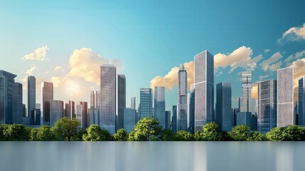 Fototapeta premium Modern city skyline with skyscrapers and greenery under a clear blue sky, reflecting urban development and nature coexistence at sunset.