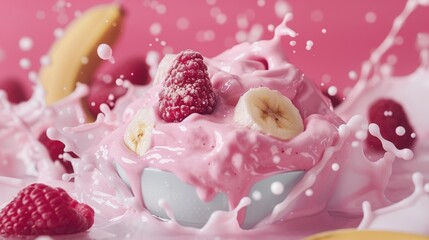 Pink Yogurt Splashing with Fruit