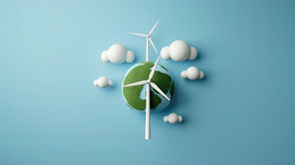 Renewable energy globe, futuristic continents, global view, flat design illustration