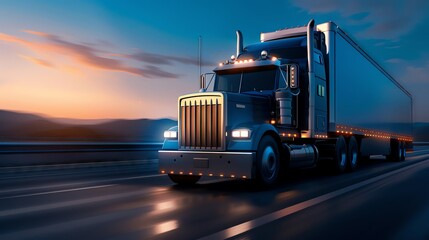 Semi-truck on bridge, autonomous driving, blue tech lines, flat design illustration