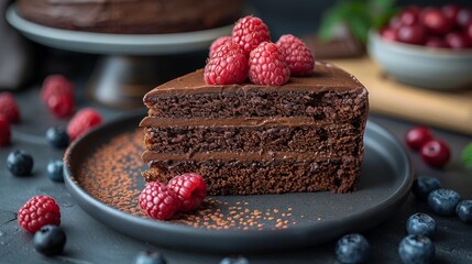 Chocolate cake slice with raspberries and blueberries