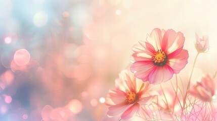 Beautiful pink cosmos flowers on a dreamy background.