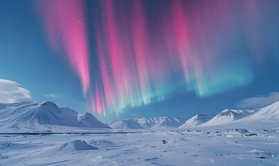 Northern Lights over a snow covered mountainous , Generative AI