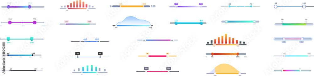 Poster price range icons set. collection of colorful loading bars showing progress on white background