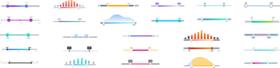 Price range icons set. Collection of colorful loading bars showing progress on white background