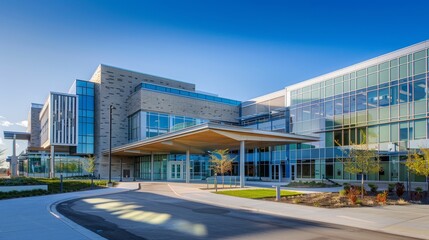 Modern building with glass facade under clear blue skies