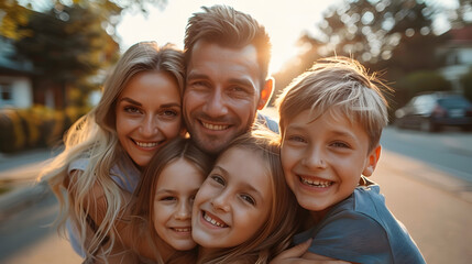 Fototapeta premium Happy smiling parents with kids on in a street